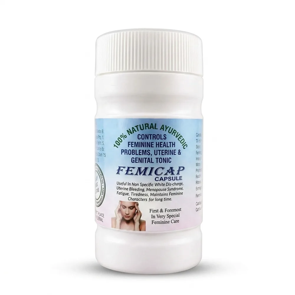 FEMICAP Capsule benefits infographic — Ayurvedic women's wellness tonic (NJ MART)